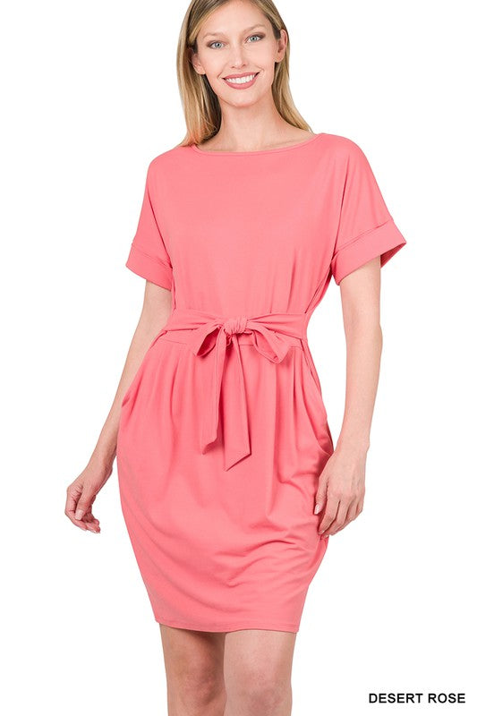 ZENANA BRUSHED DTY TIE-BELT DRESS
