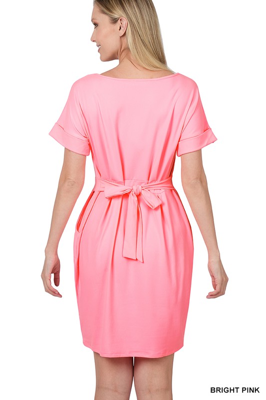 ZENANA BRUSHED DTY TIE-BELT DRESS