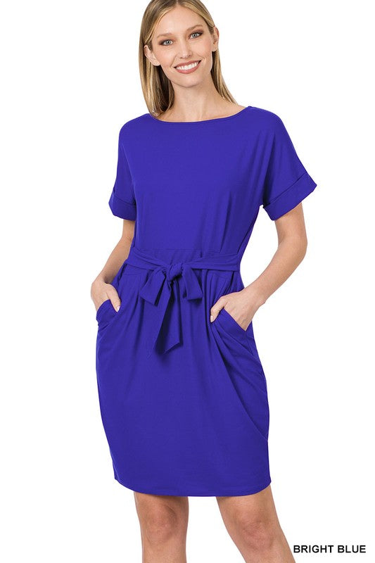 ZENANA BRUSHED DTY TIE-BELT DRESS