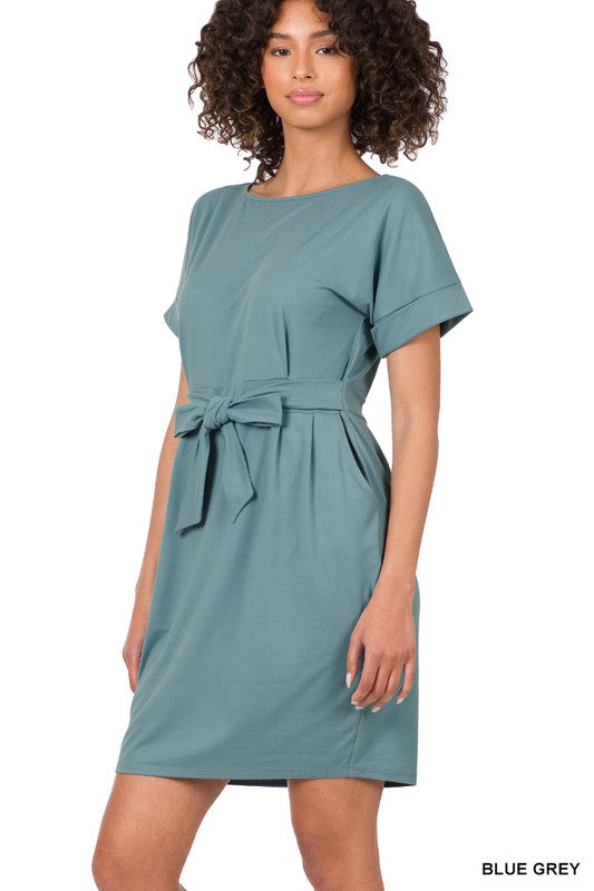 ZENANA BRUSHED DTY TIE-BELT DRESS
