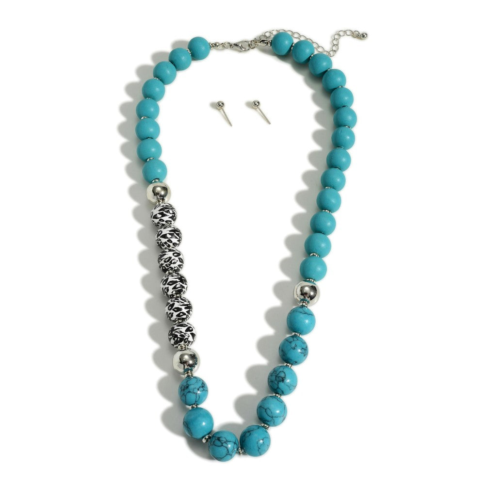 Wood and Stone Beaded Necklace + Earrings