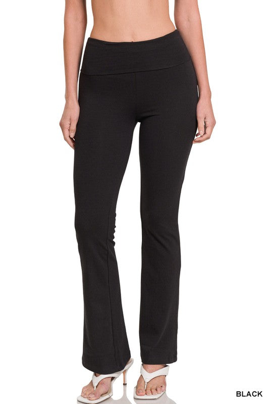 ZENANA PREMIUM COTTON FOLD OVER YOGA FLARE PANTS