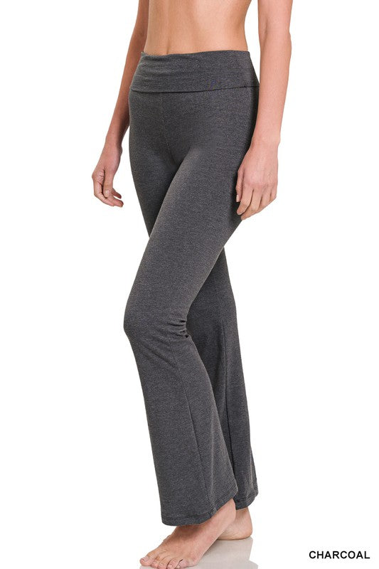 ZENANA PREMIUM COTTON FOLD OVER YOGA FLARE PANTS