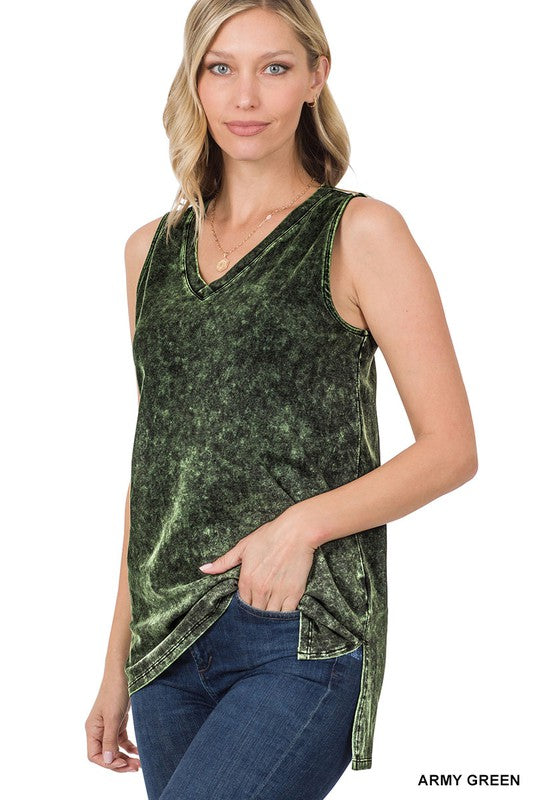ZENANA MINERAL WASH SLEEVELESS V-NECK TOP WITH SIDE SLIT