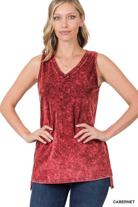ZENANA MINERAL WASH SLEEVELESS V-NECK TOP WITH SIDE SLIT