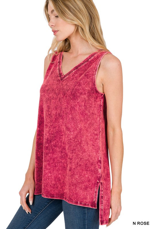 ZENANA MINERAL WASH SLEEVELESS V-NECK TOP WITH SIDE SLIT