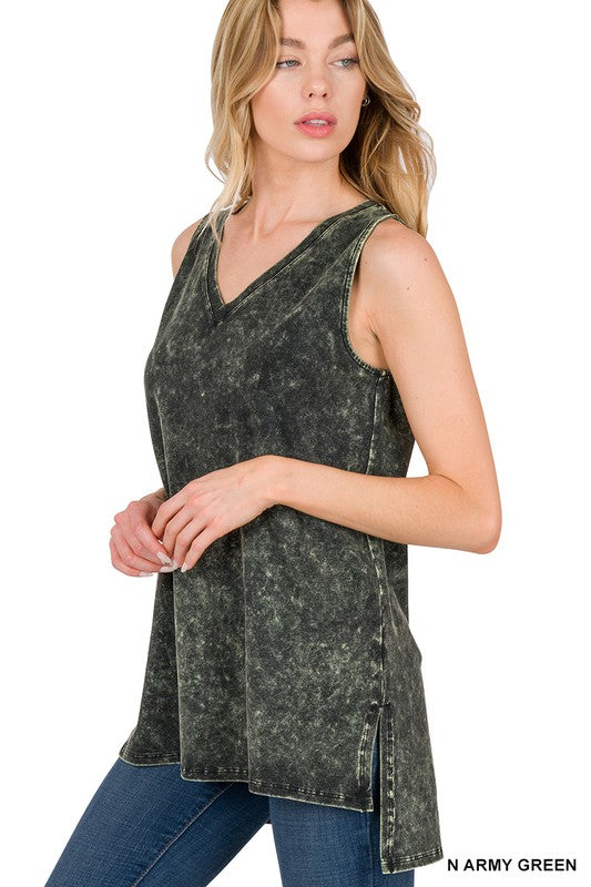 ZENANA MINERAL WASH SLEEVELESS V-NECK TOP WITH SIDE SLIT