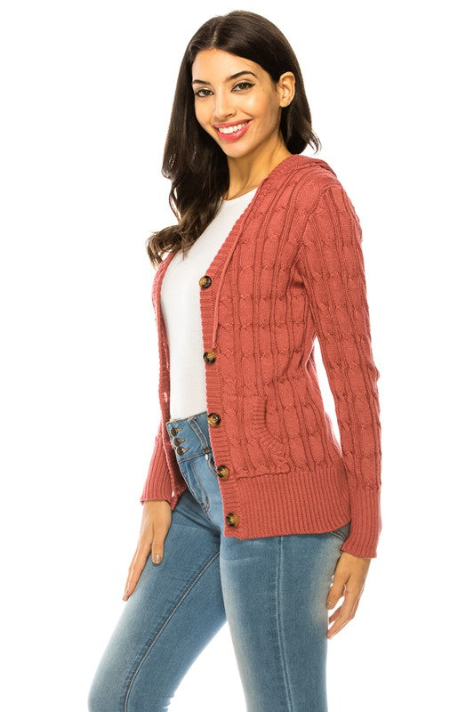 Cable Knit Sweater Hooded Cardigan - Curvy