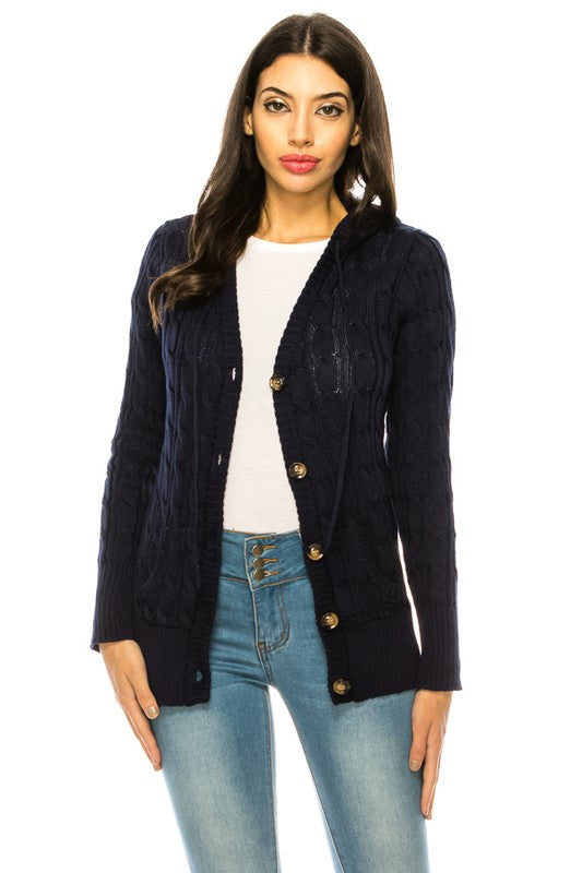 Cable Knit Sweater Hooded Cardigan - Curvy