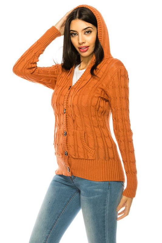 Cable Knit Sweater Hooded Cardigan - Curvy