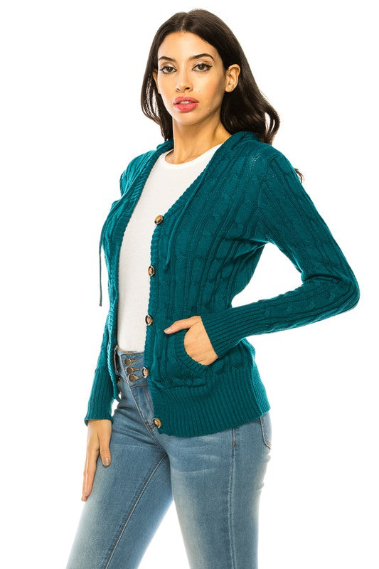 Cable Knit Sweater Hooded Cardigan - Curvy
