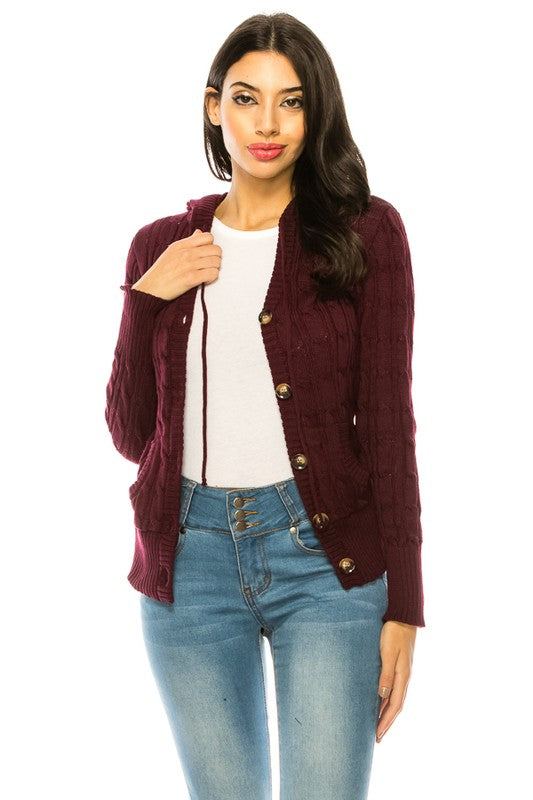 Cable Knit Sweater Hooded Cardigan - Curvy