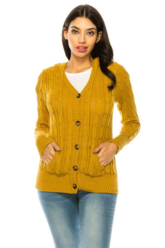 Cable Knit Sweater Hooded Cardigan - Curvy