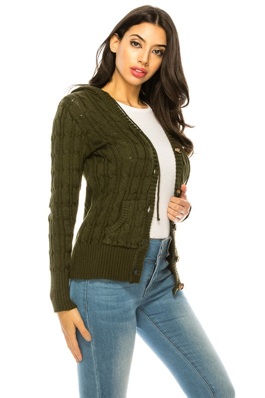 Cable Knit Sweater Hooded Cardigan - Curvy