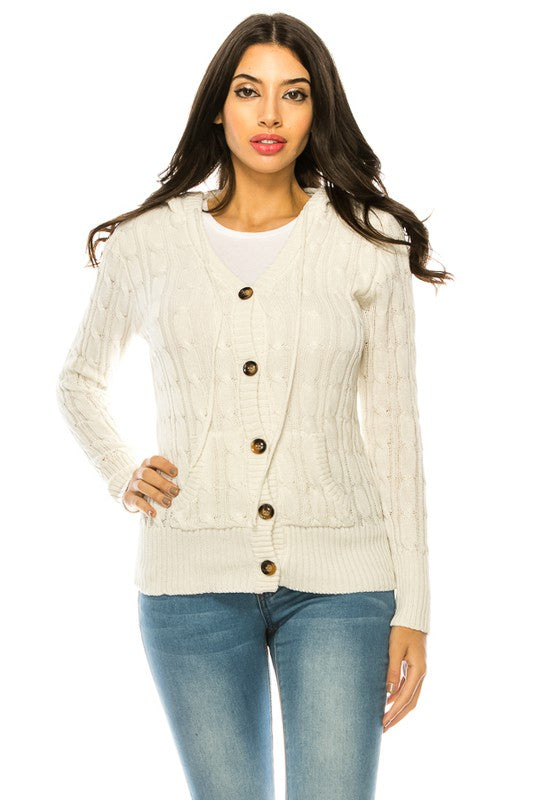 Cable Knit Sweater Hooded Cardigan - Curvy
