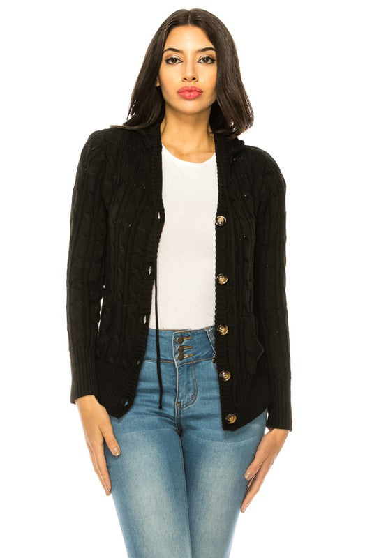 Cable Knit Sweater Hooded Cardigan - Curvy