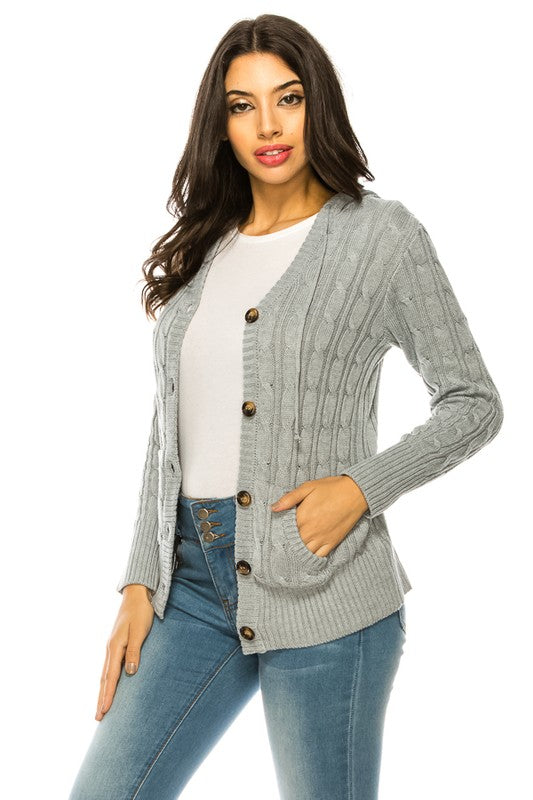 Cable Knit Sweater Hooded Cardigan - Curvy