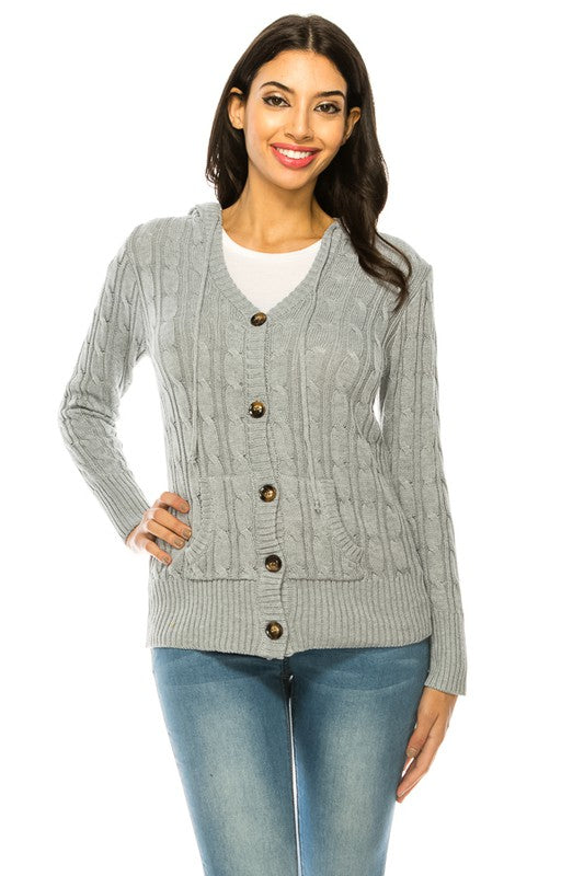 Cable Knit Sweater Hooded Cardigan - Curvy