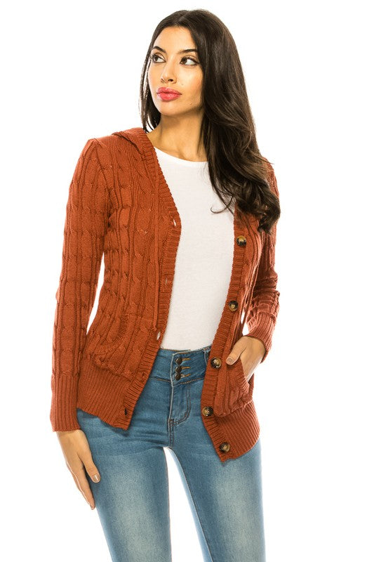 Cable Knit Sweater Hooded Cardigan - Curvy