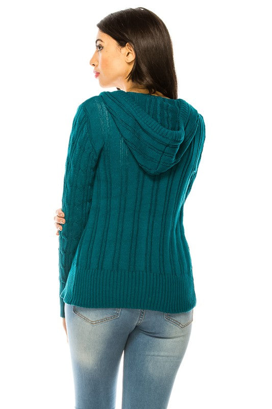 Cable Knit Sweater Hooded Cardigan - Curvy