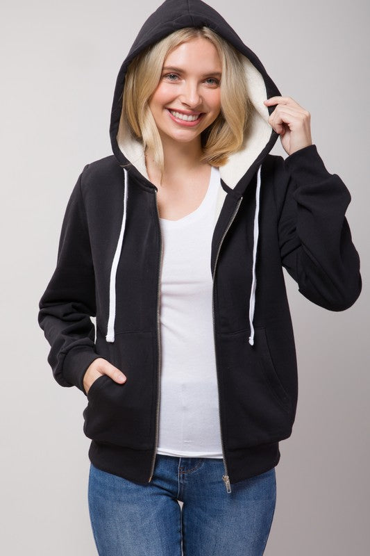Sherpa Lined Zip Up Hoodie Sweatshirt Jacket