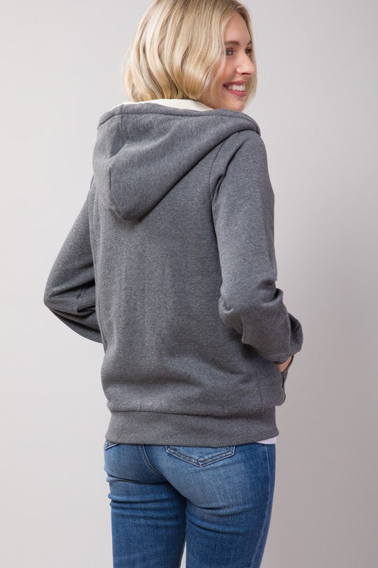 Sherpa Lined Zip Up Hoodie Sweatshirt Jacket