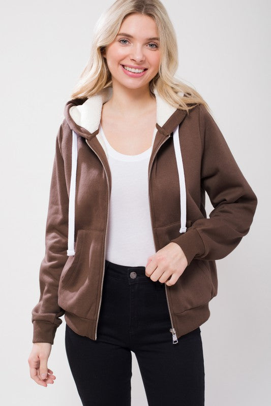 Sherpa Lined Zip Up Hoodie Sweatshirt Jacket