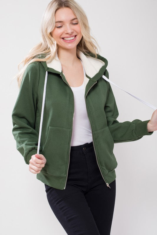Sherpa Lined Zip Up Hoodie Sweatshirt Jacket