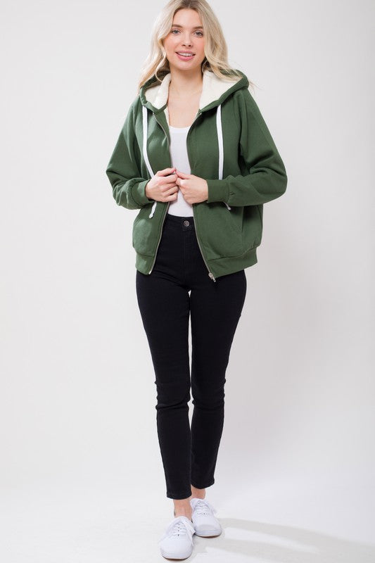 Sherpa Lined Zip Up Hoodie Sweatshirt Jacket