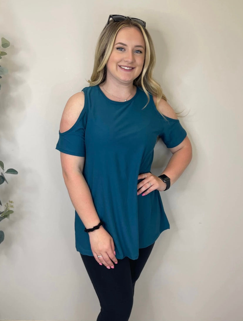 Leggings material Solid Cold Shoulder Tops- multiple colors!