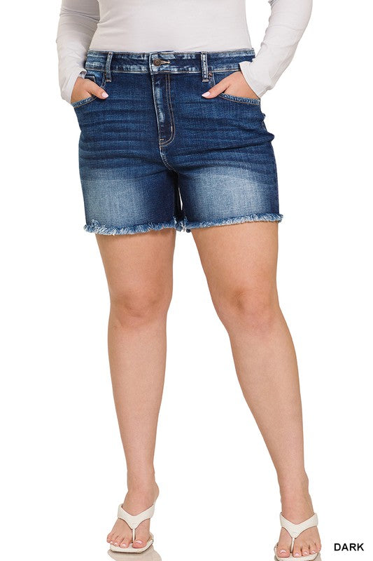 ZENANA PLUS MID RISE RAW FRAYED HEM DENIM SHORTS