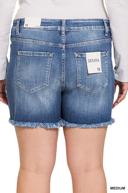 ZENANA PLUS MID RISE RAW FRAYED HEM DENIM SHORTS