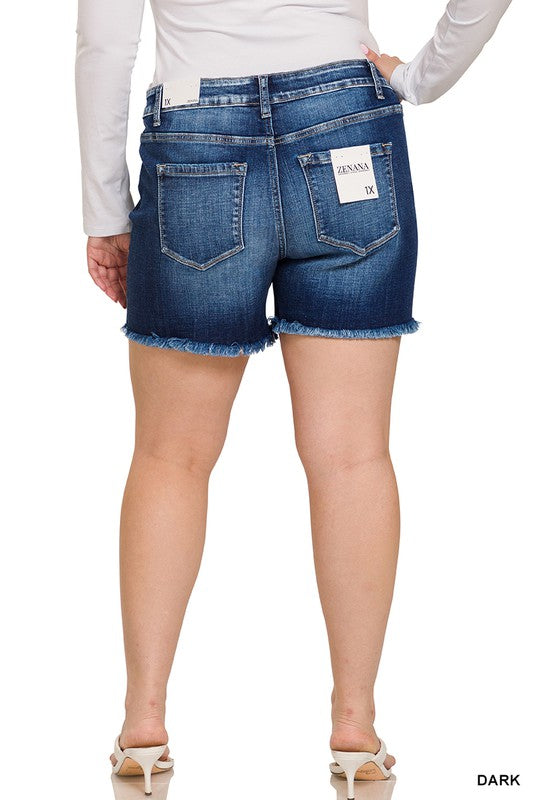 ZENANA PLUS MID RISE RAW FRAYED HEM DENIM SHORTS