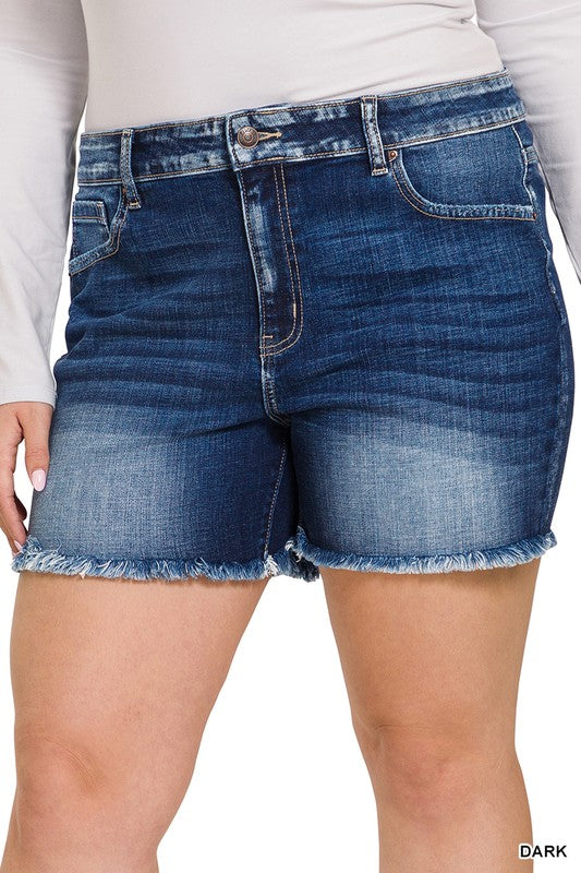 ZENANA PLUS MID RISE RAW FRAYED HEM DENIM SHORTS