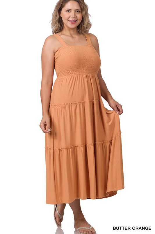 ZENANA PLUS SMOCKED TIERED MIDI DRESS