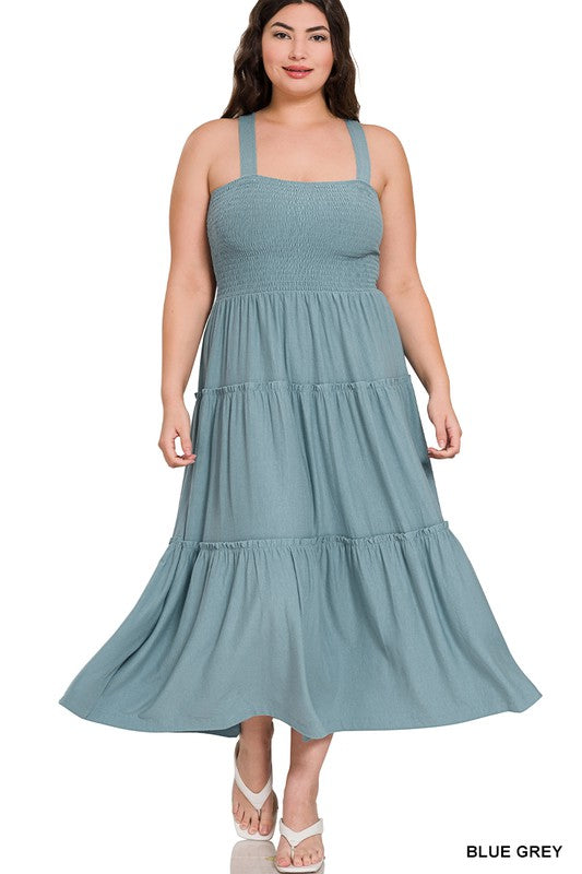 ZENANA PLUS SMOCKED TIERED MIDI DRESS