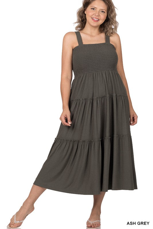 ZENANA PLUS SMOCKED TIERED MIDI DRESS