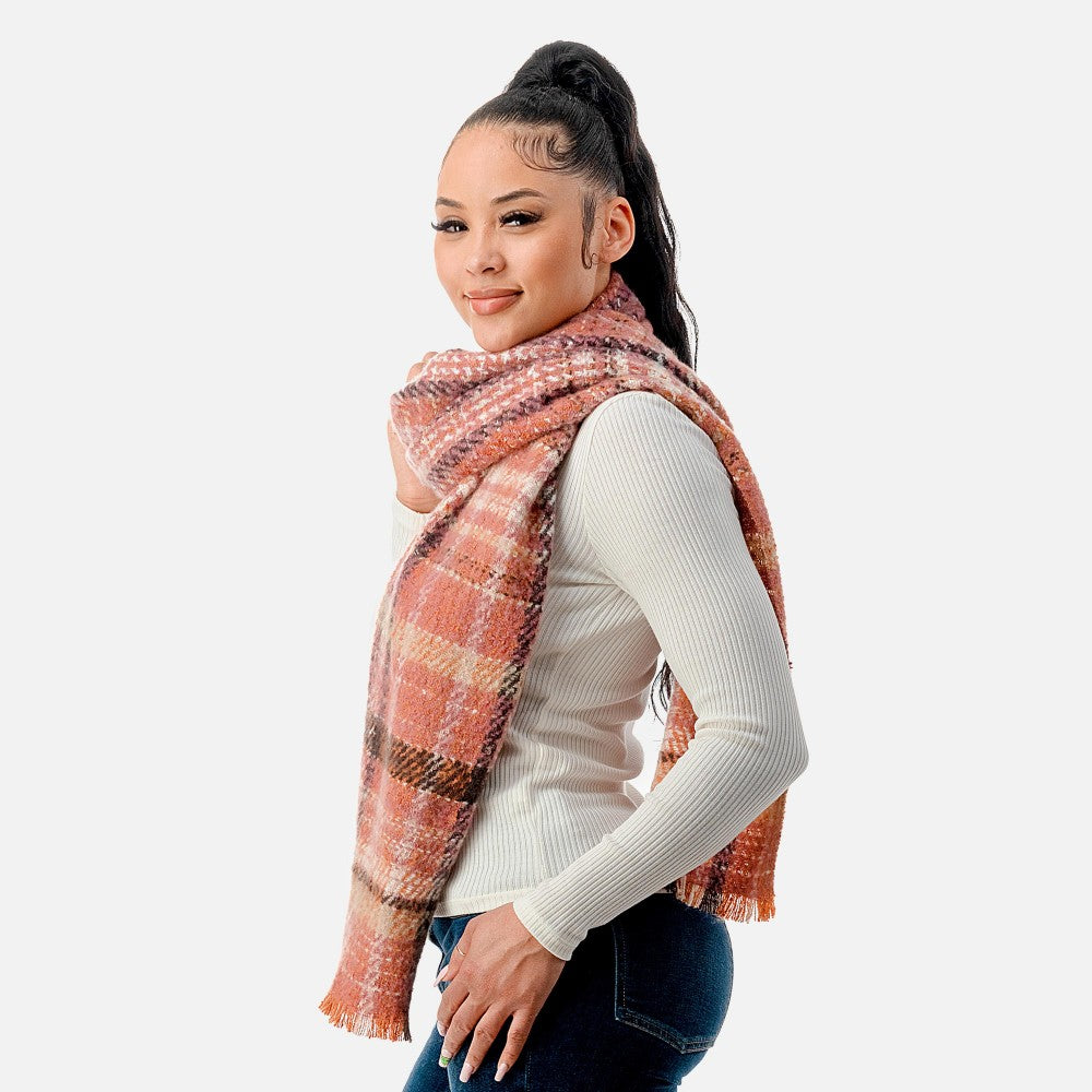 Fuzzy Plaid Scarf With Fringe Hemline-3 Colors