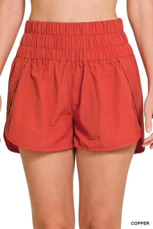 ZENANA WINDBREAKER SMOCKED WAISTBAND RUNNING SHORTS