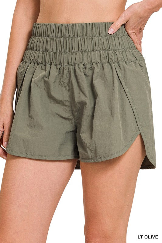 ZENANA WINDBREAKER SMOCKED WAISTBAND RUNNING SHORTS