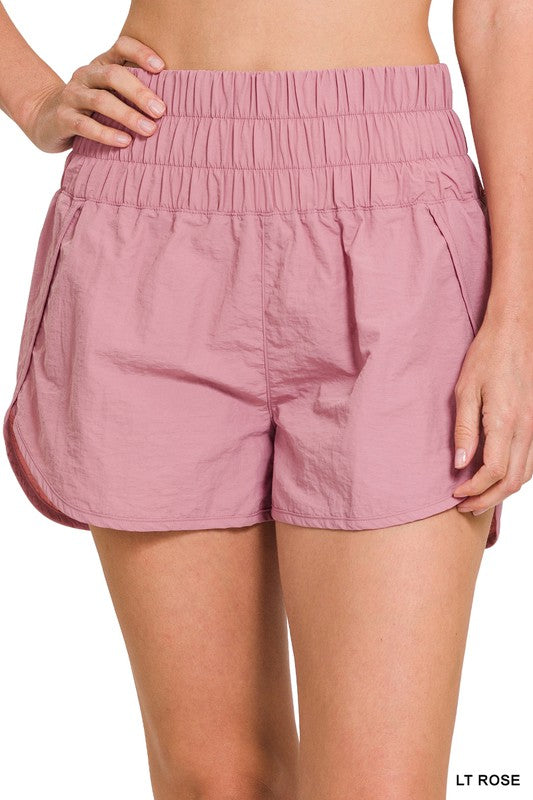 ZENANA WINDBREAKER SMOCKED WAISTBAND RUNNING SHORTS
