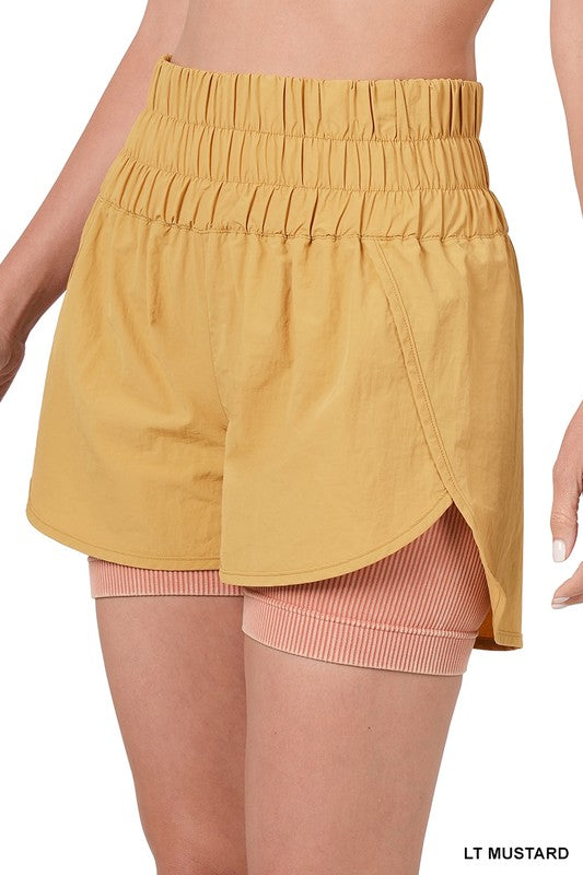 ZENANA WINDBREAKER SMOCKED WAISTBAND RUNNING SHORTS