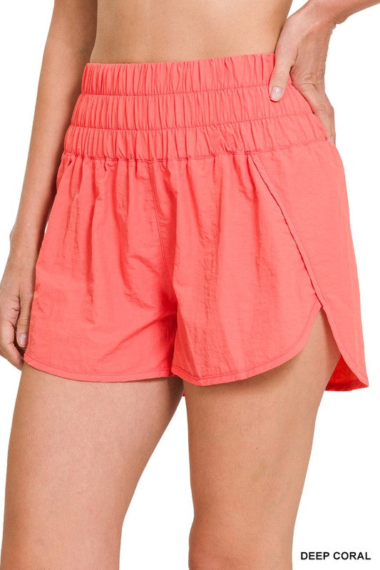 ZENANA WINDBREAKER SMOCKED WAISTBAND RUNNING SHORTS