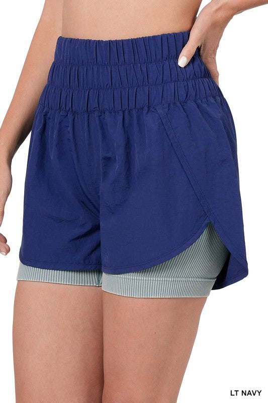 ZENANA WINDBREAKER SMOCKED WAISTBAND RUNNING SHORTS
