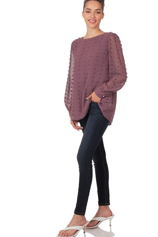ZENANA SWISS DOT ROUND NECK BLOUSE