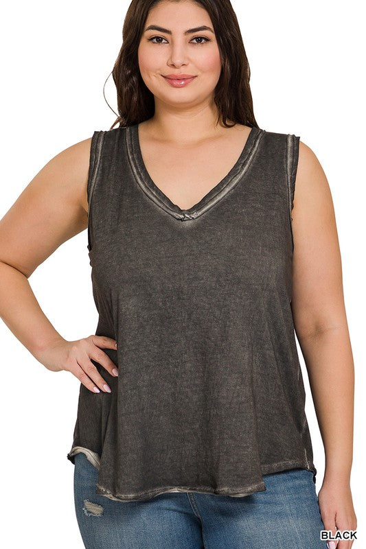 ZENANA PLUS WASHED RAW EDGE V-NECK TANK TOP