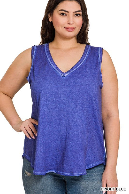 ZENANA PLUS WASHED RAW EDGE V-NECK TANK TOP