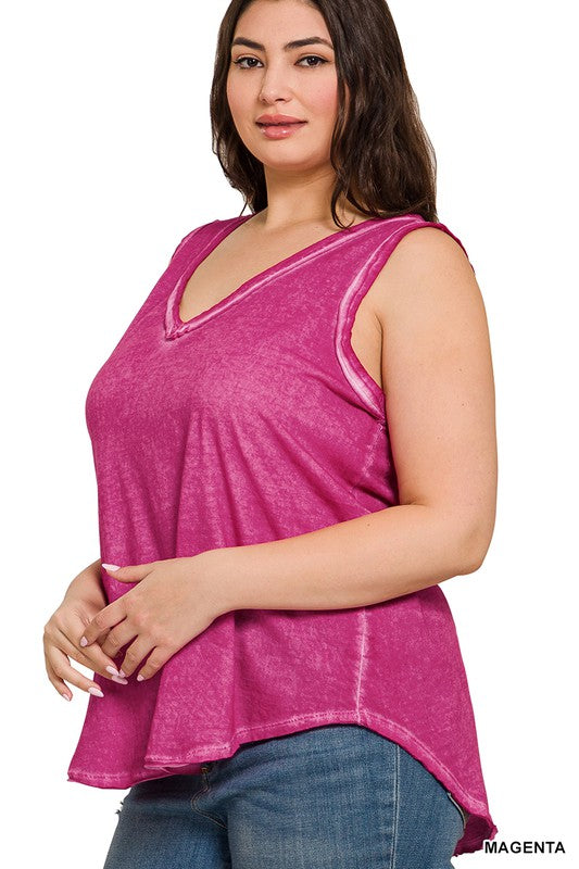 ZENANA PLUS WASHED RAW EDGE V-NECK TANK TOP