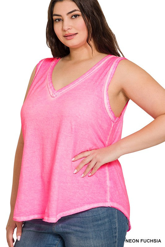 ZENANA PLUS WASHED RAW EDGE V-NECK TANK TOP