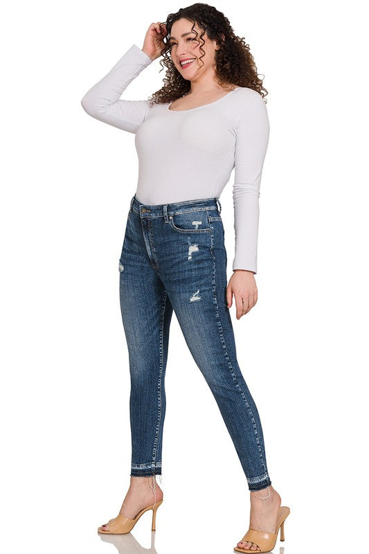 ZENANA PLUS HIGH RISE CROPPED SKINNY DENIM PANTS